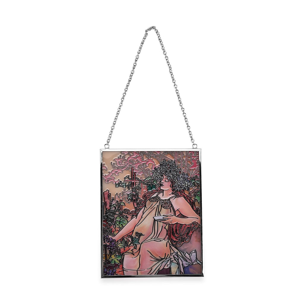 Handbemalter Glas Suncatcher mit Kette, silberfarbenem Rahmen, Alphonse Mucha Motiv Herbst, 12x15 cm
