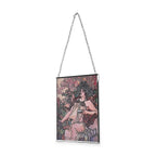 Handbemalter Glas Suncatcher mit Kette, silberfarbenem Rahmen, Alphonse Mucha Motiv Herbst, 12x15 cm