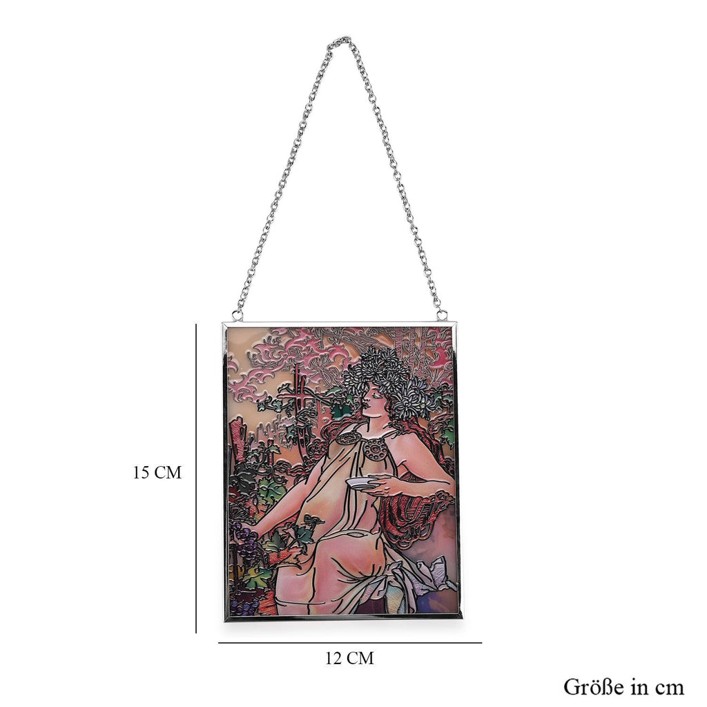 Handbemalter Glas Suncatcher mit Kette, silberfarbenem Rahmen, Alphonse Mucha Motiv Herbst, 12x15 cm