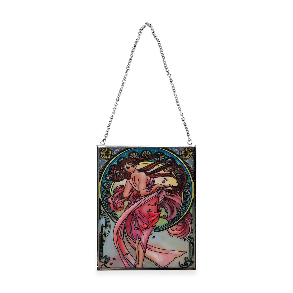 Handbemalter Glas Suncatcher mit Kette, silberfarbenem Rahmen, Alphonse Mucha Motiv Art-Deko, 12x15 cm