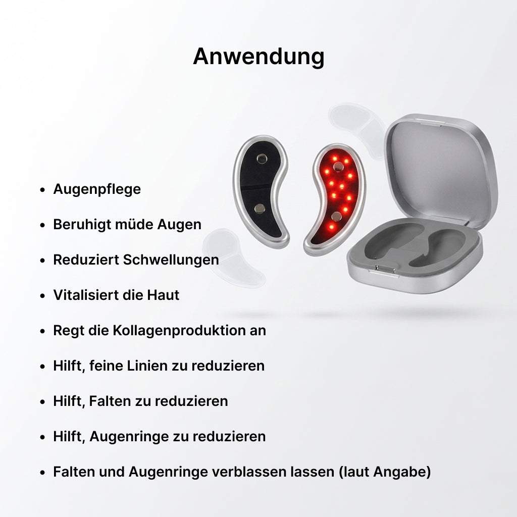 BEAUTECH Rotlicht Augenmassagegerät 620 nm mit EMS Mikrostimulation, inkl. 7 Paar Pads, kompakt 7.6 x 7.6 x 2.4 cm, Weiß