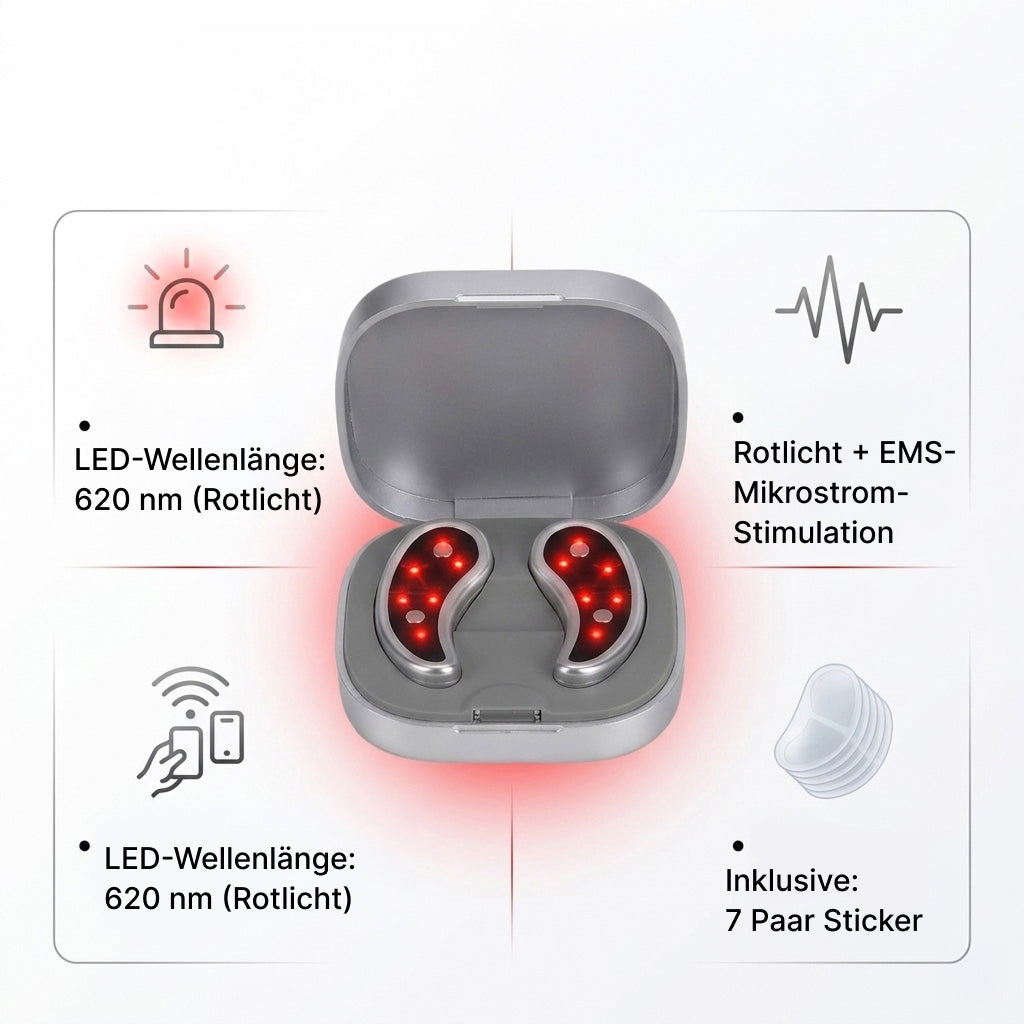 BEAUTECH Rotlicht Augenmassagegerät 620 nm mit EMS Mikrostimulation, inkl. 7 Paar Pads, kompakt 7.6 x 7.6 x 2.4 cm, Weiß