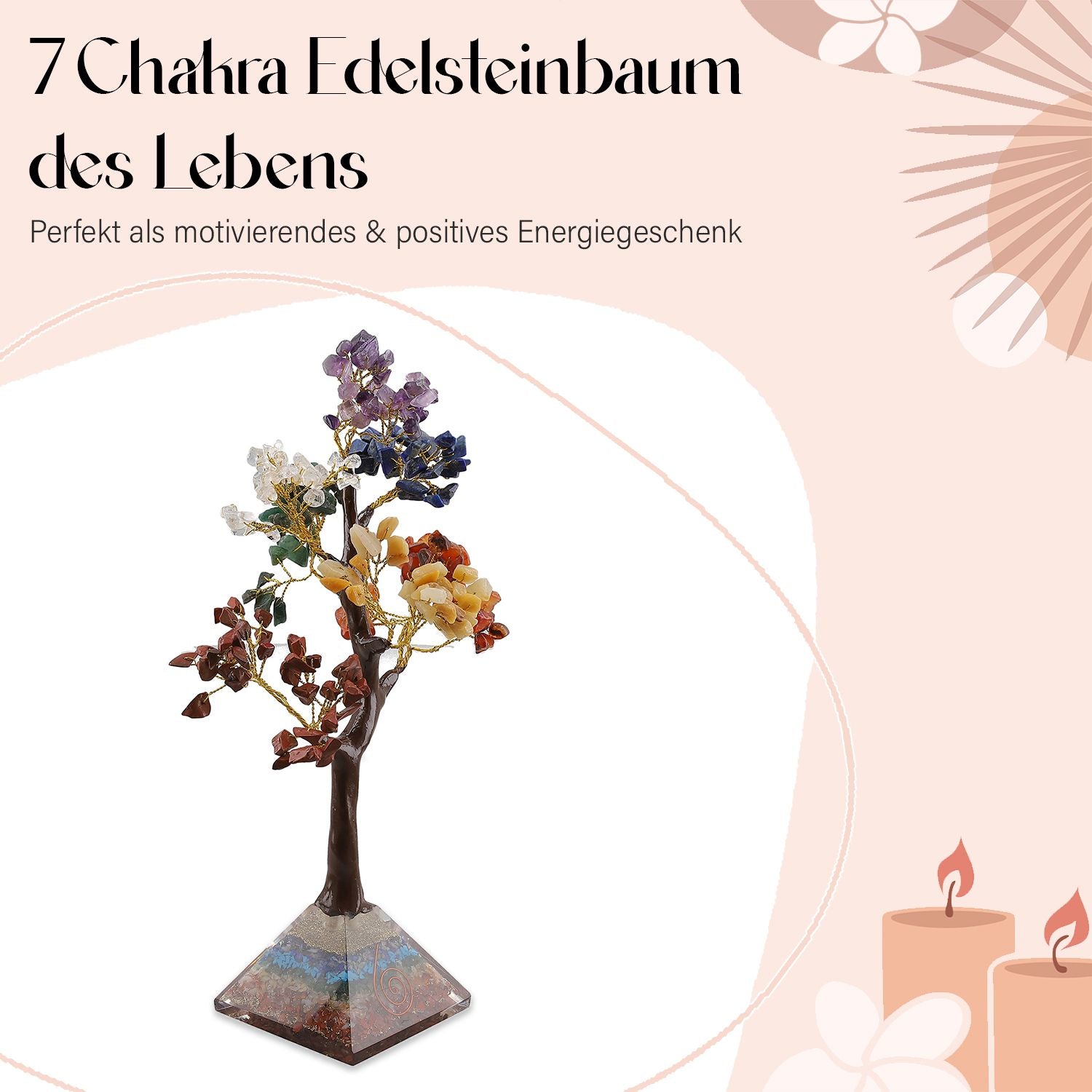 LIVMORE Edelsteinbaum mit Orgonit Basis, Sieben Chakren, 23 cm, 230 Perlen, Mehrfarbig