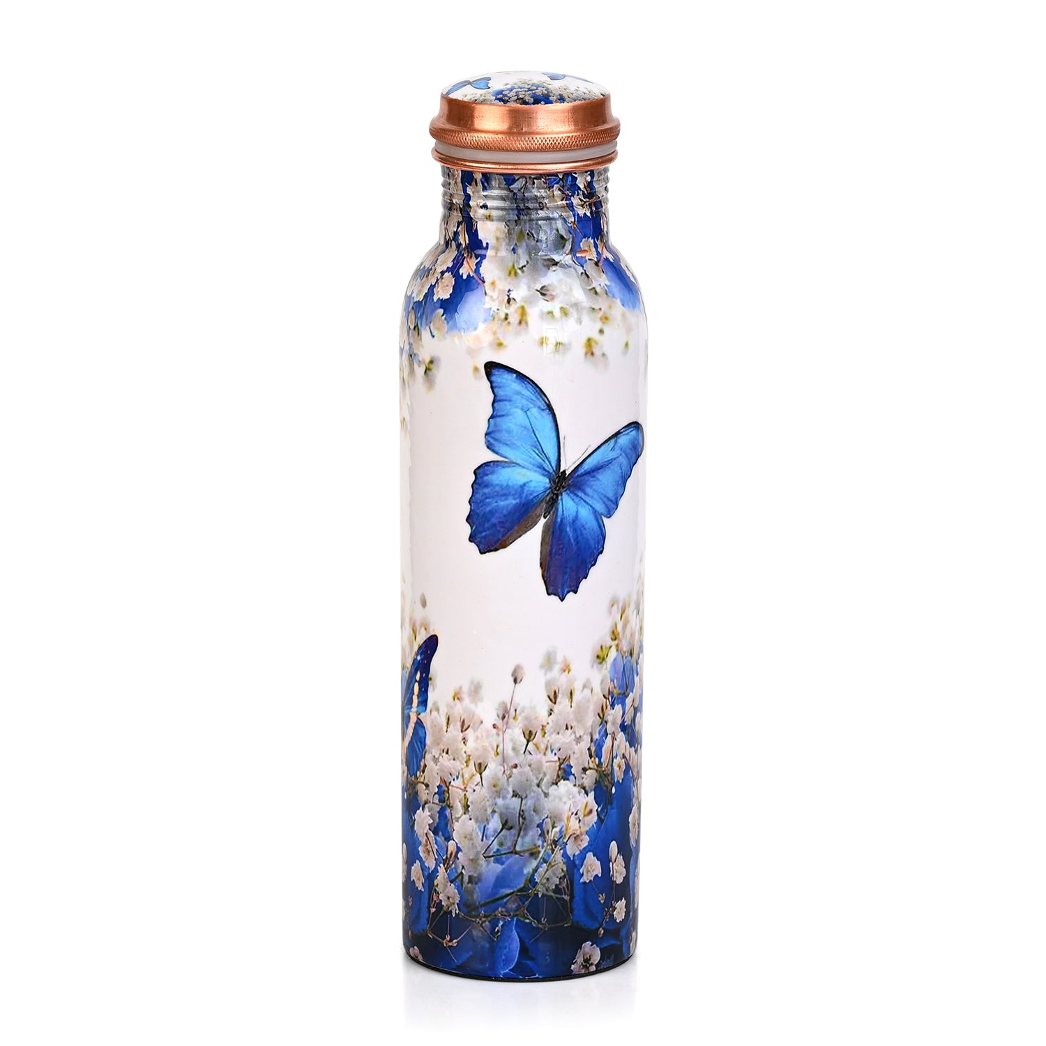 2er-Set - LIVMORE Kupfer-Trinkflasche mit 7-Chakra-Gravur (ca. 900 ml) und Armband mit Chakra-Perlen aus Edelsteinen - Mehrfarbig