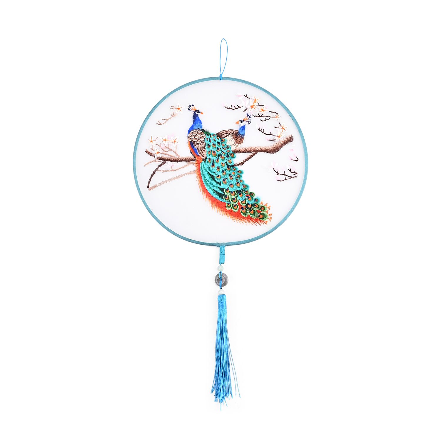 LIVMORE - Handstickerei-Wanddekoration aus 100% Seide mit Jade-Quaste, 20 cm, Pfau-Motiv