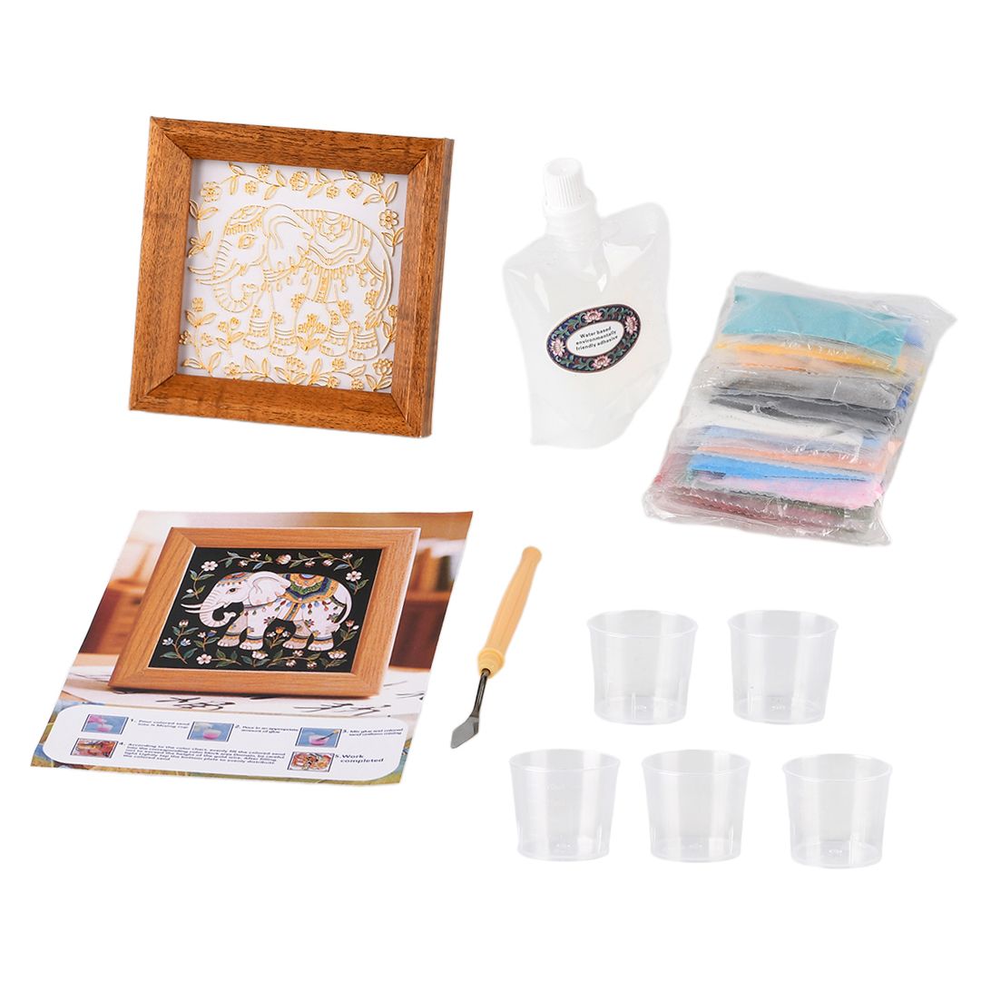 GOLDEN LOTTERY Aufbewahrungsbox mit Sandbild zum kreativen Gestalten, Set mit farbigem Sand, wasserbasiertem Kleber, Plastikbecher und Malwerkzeug 23 x 15,3 x 6 cm, Elefantenmotiv