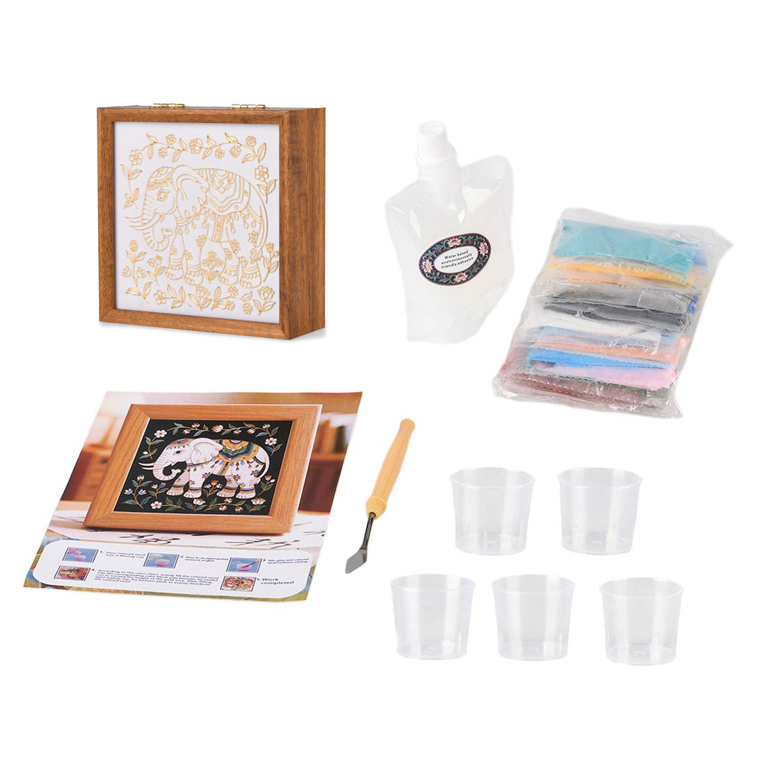 GOLDEN LOTTERY Aufbewahrungsbox mit Sandbild zum kreativen Gestalten, Set mit farbigem Sand, wasserbasiertem Kleber, Plastikbecher und Malwerkzeug 23 x 15,3 x 6 cm, Elefantenmotiv