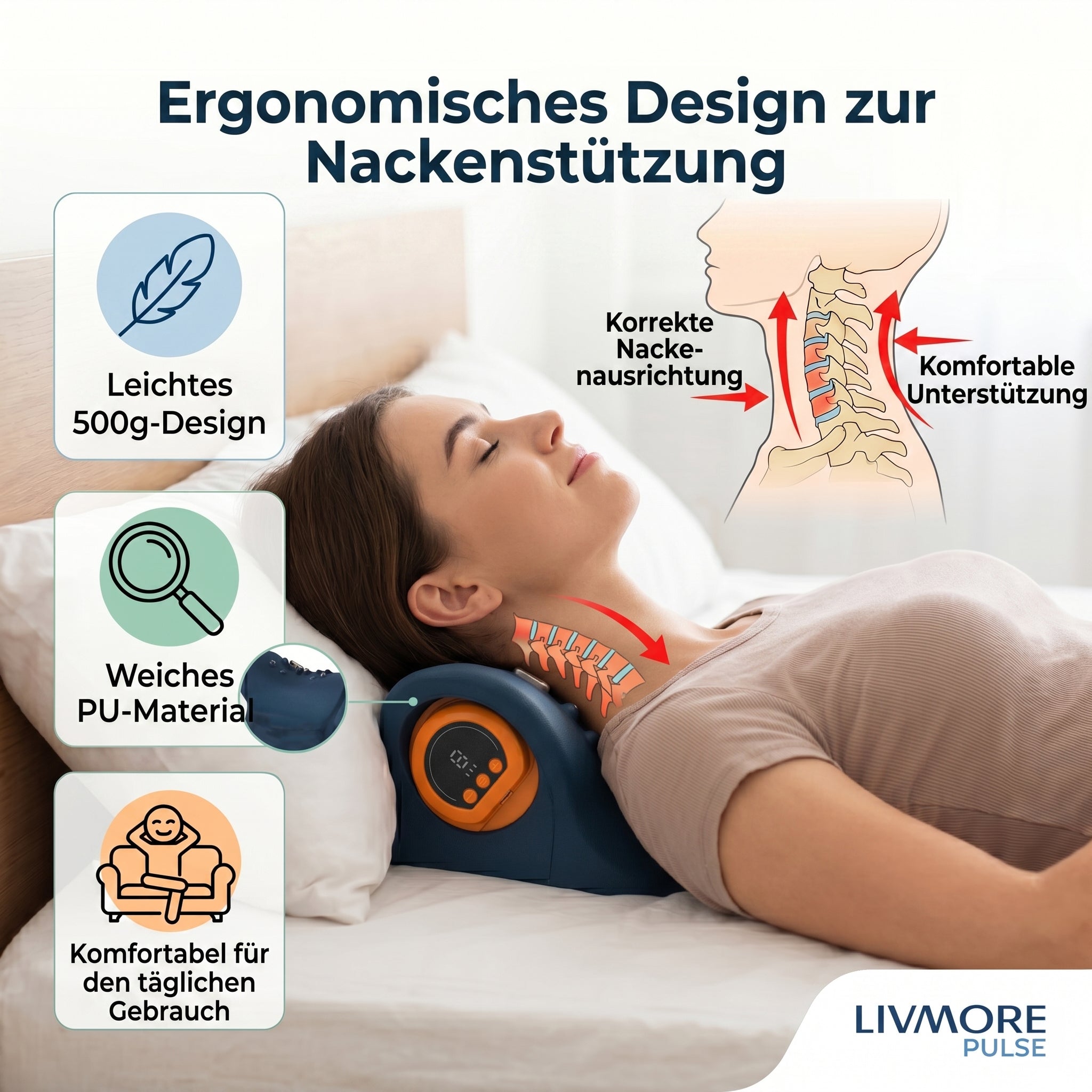 Livmore EMS neck massager with remote control-Dark blue                                       Material: PU Product weight: 500g Packaging size: 220*209*115mm Battery capacity: 1500 mah (about 1 hour of battery life)Charging time: 3 hrs 6-speed EMS adjust