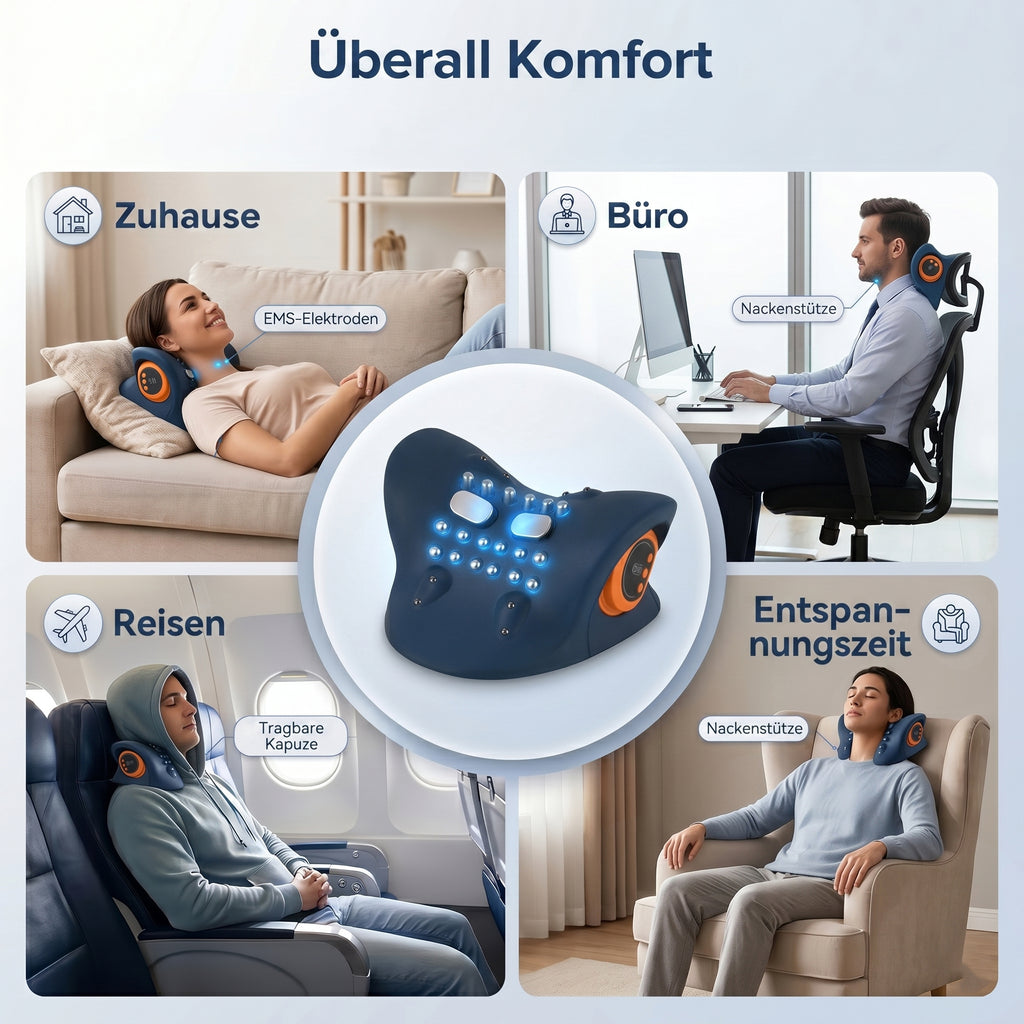 Livmore EMS neck massager with remote control-Dark blue                                       Material: PU Product weight: 500g Packaging size: 220*209*115mm Battery capacity: 1500 mah (about 1 hour of battery life)Charging time: 3 hrs 6-speed EMS adjust