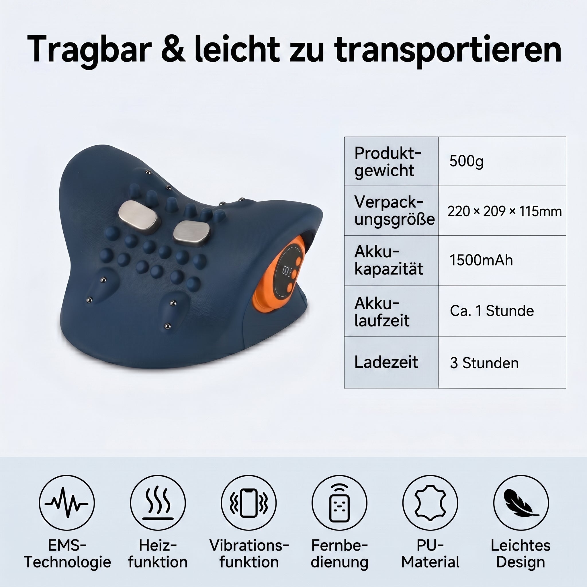 Livmore EMS neck massager with remote control-Dark blue                                       Material: PU Product weight: 500g Packaging size: 220*209*115mm Battery capacity: 1500 mah (about 1 hour of battery life)Charging time: 3 hrs 6-speed EMS adjust