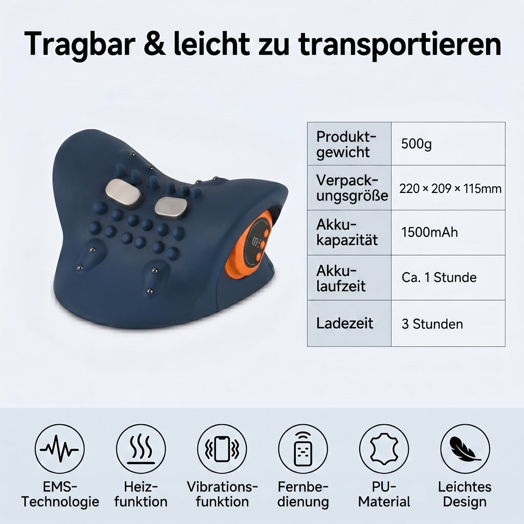 Livmore EMS neck massager with remote control-Dark blue                                       Material: PU Product weight: 500g Packaging size: 220*209*115mm Battery capacity: 1500 mah (about 1 hour of battery life)Charging time: 3 hrs 6-speed EMS adjust