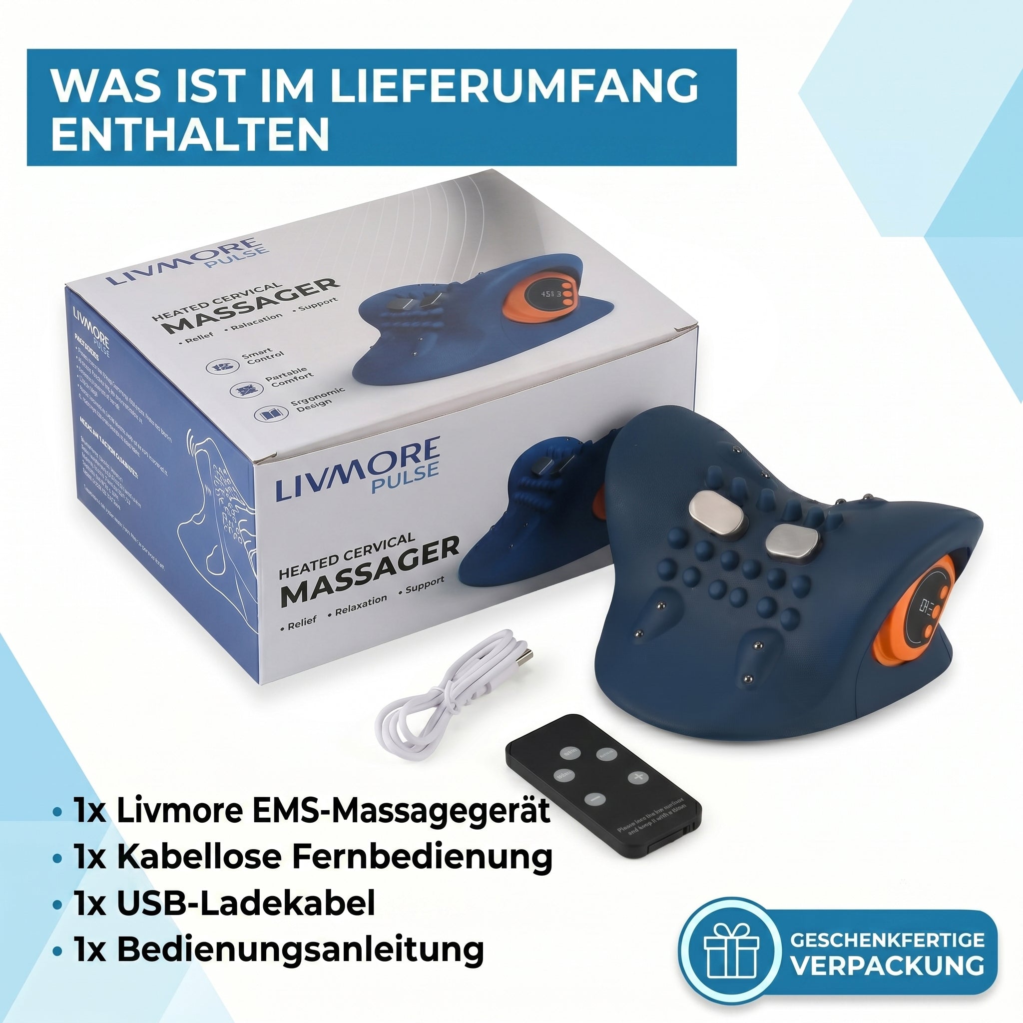 Livmore EMS neck massager with remote control-Dark blue                                       Material: PU Product weight: 500g Packaging size: 220*209*115mm Battery capacity: 1500 mah (about 1 hour of battery life)Charging time: 3 hrs 6-speed EMS adjust
