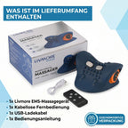 Livmore EMS neck massager with remote control-Dark blue                                       Material: PU Product weight: 500g Packaging size: 220*209*115mm Battery capacity: 1500 mah (about 1 hour of battery life)Charging time: 3 hrs 6-speed EMS adjust