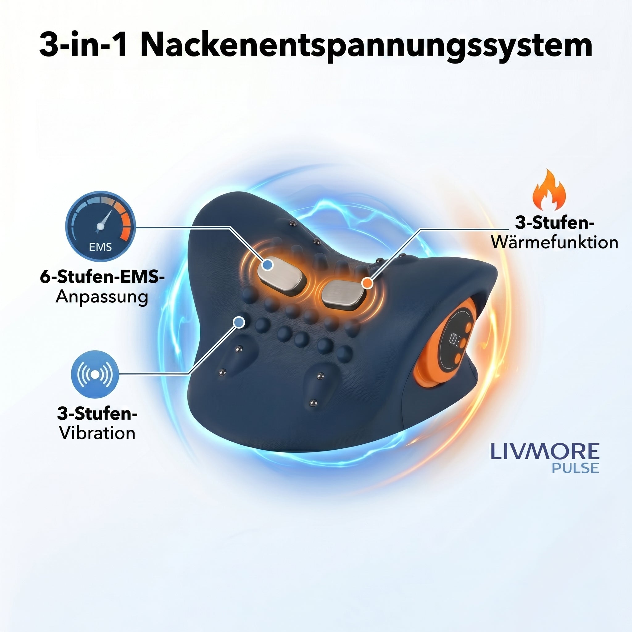 Livmore EMS neck massager with remote control-Dark blue                                       Material: PU Product weight: 500g Packaging size: 220*209*115mm Battery capacity: 1500 mah (about 1 hour of battery life)Charging time: 3 hrs 6-speed EMS adjust