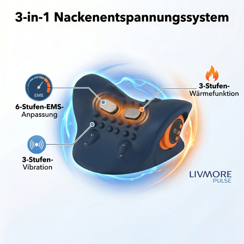 Livmore EMS neck massager with remote control-Dark blue                                       Material: PU Product weight: 500g Packaging size: 220*209*115mm Battery capacity: 1500 mah (about 1 hour of battery life)Charging time: 3 hrs 6-speed EMS adjust