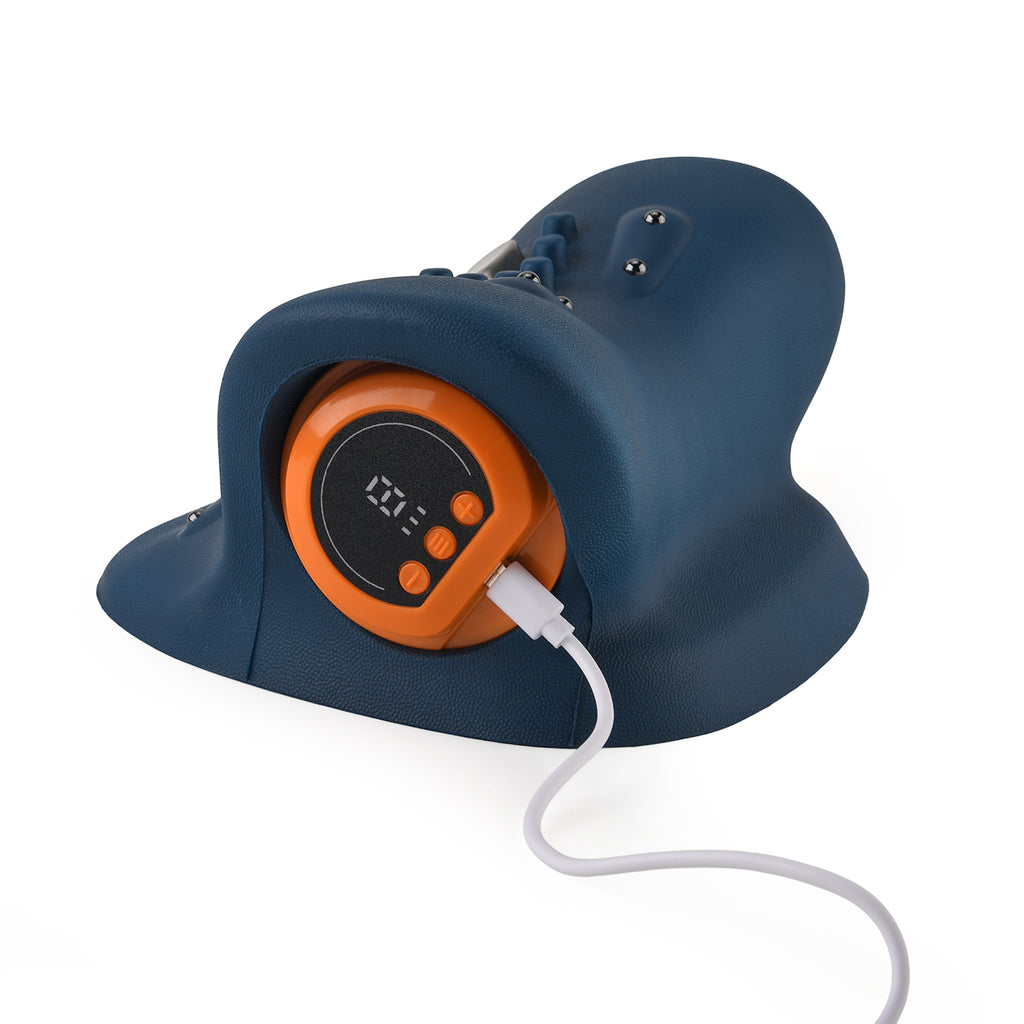 Livmore EMS neck massager with remote control-Dark blue                                       Material: PU Product weight: 500g Packaging size: 220*209*115mm Battery capacity: 1500 mah (about 1 hour of battery life)Charging time: 3 hrs 6-speed EMS adjust