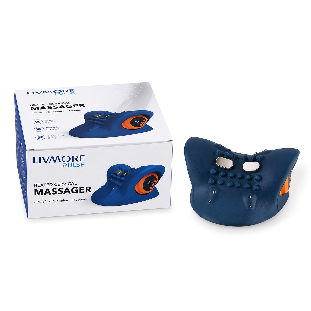 Livmore EMS neck massager with remote control-Dark blue                                       Material: PU Product weight: 500g Packaging size: 220*209*115mm Battery capacity: 1500 mah (about 1 hour of battery life)Charging time: 3 hrs 6-speed EMS adjust