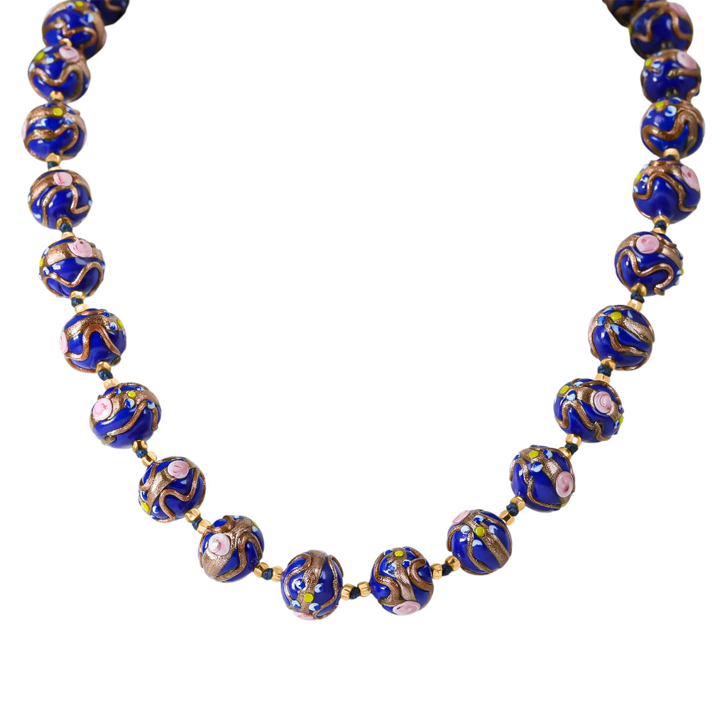 IL MURANO DI FRANCESCA - Blau Fiorato Kugel Collier ca. 50 cm 925 Silber 750 Gelb Vergoldet