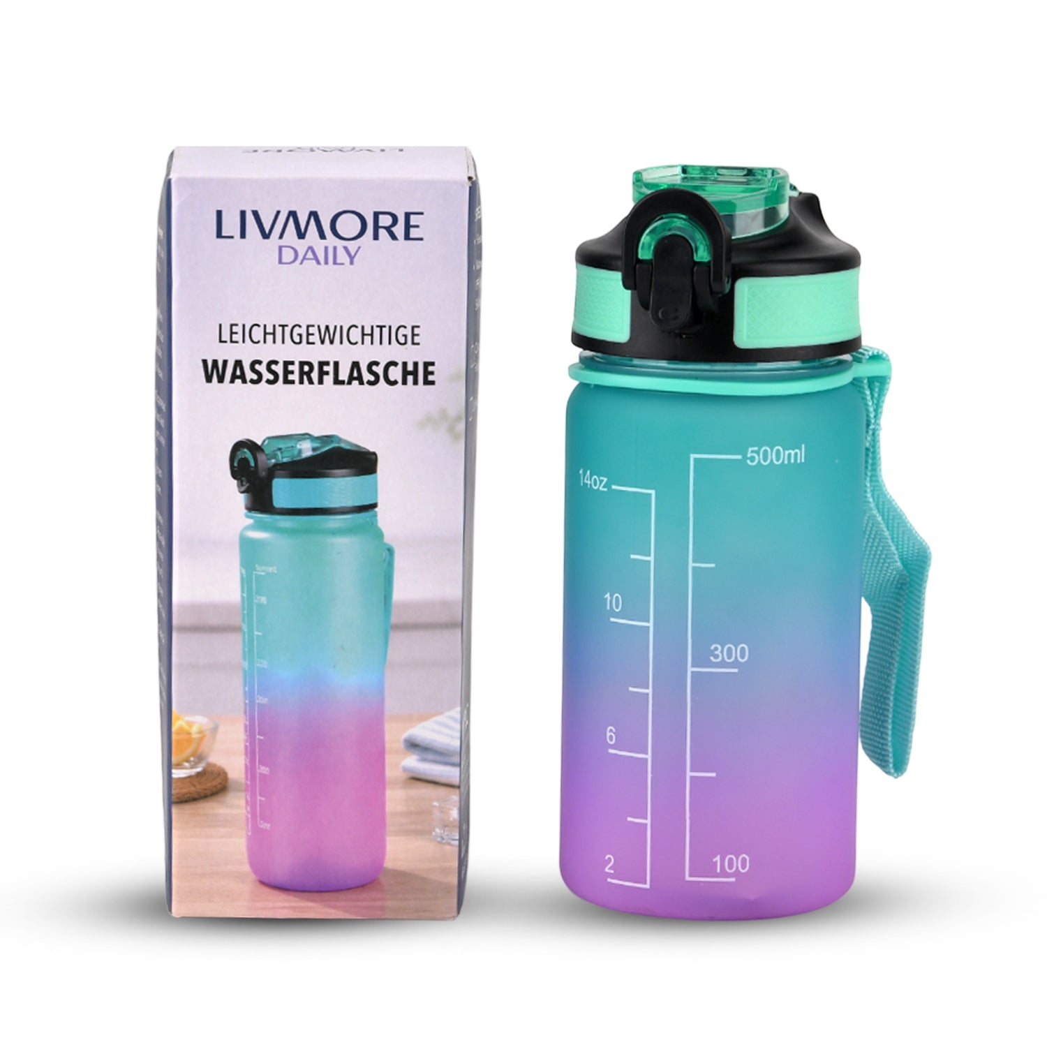 LIVMORE Komfort Trinkflasche mit Trinkhalm und Trageschlaufe, 500 ml, Blau Pink Ombre