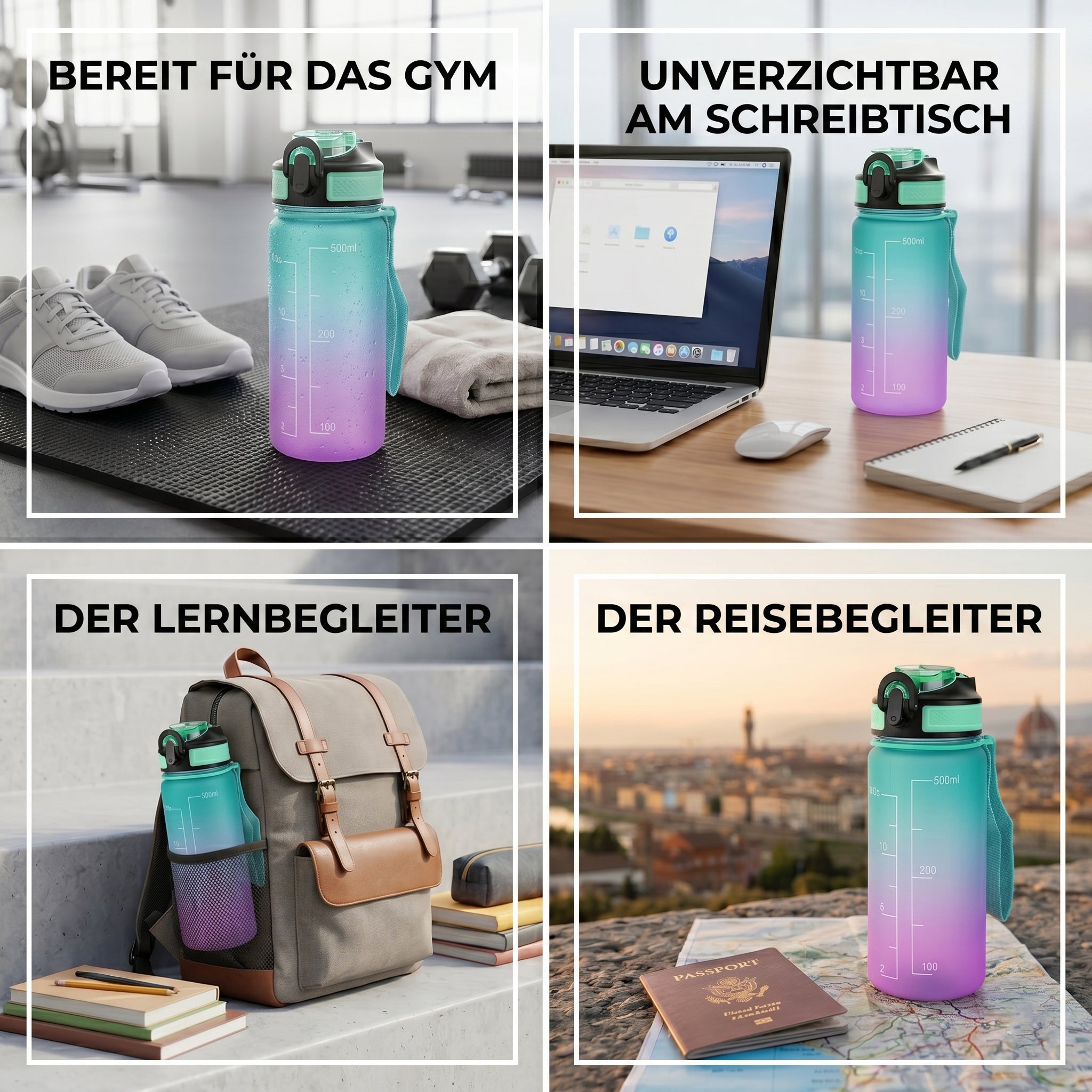 LIVMORE Komfort Trinkflasche mit Trinkhalm und Trageschlaufe, 500 ml, Blau Pink Ombre