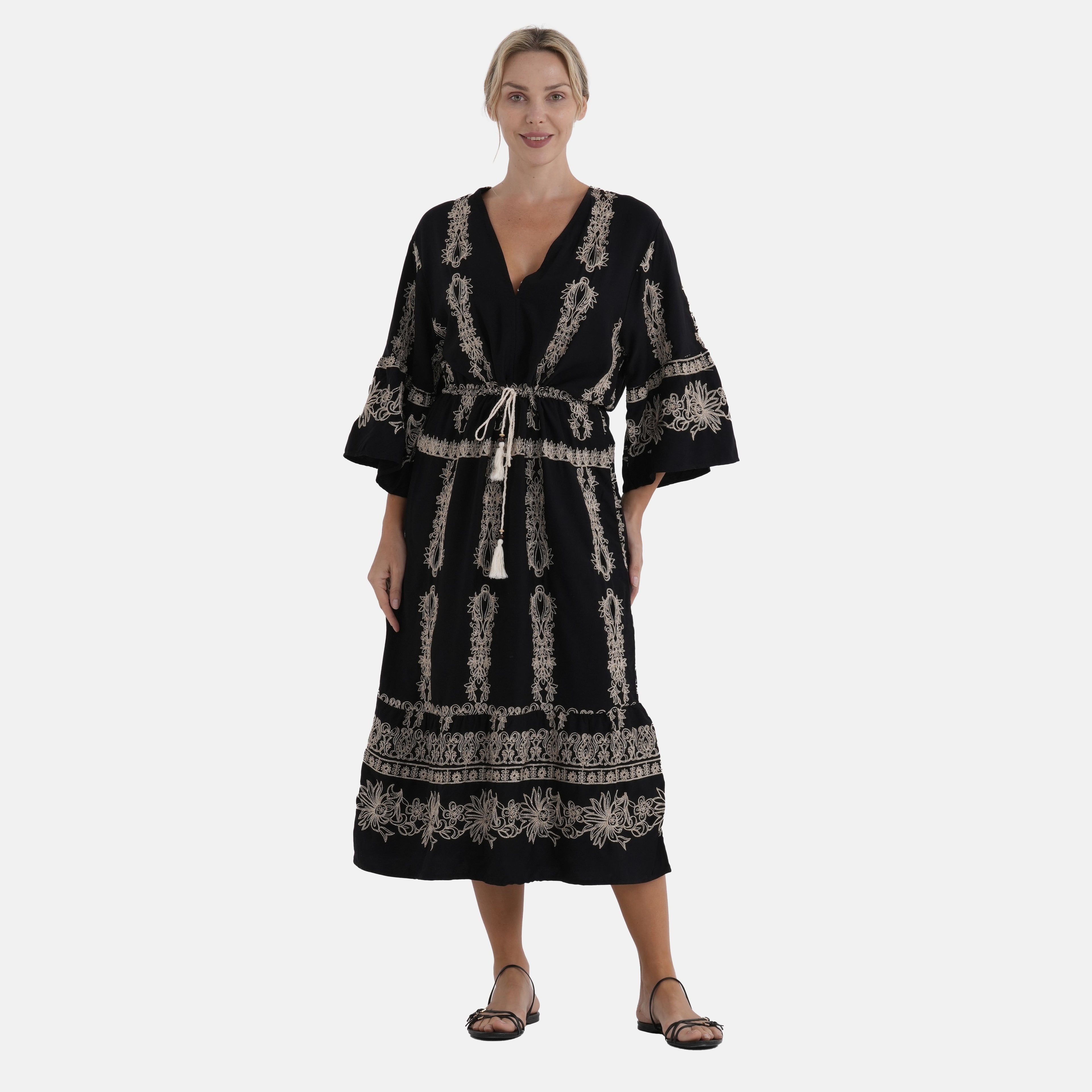 LA MAREY Baumwollkleid mit V Ausschnitt und elastischer Taille, Printdesign, Beige