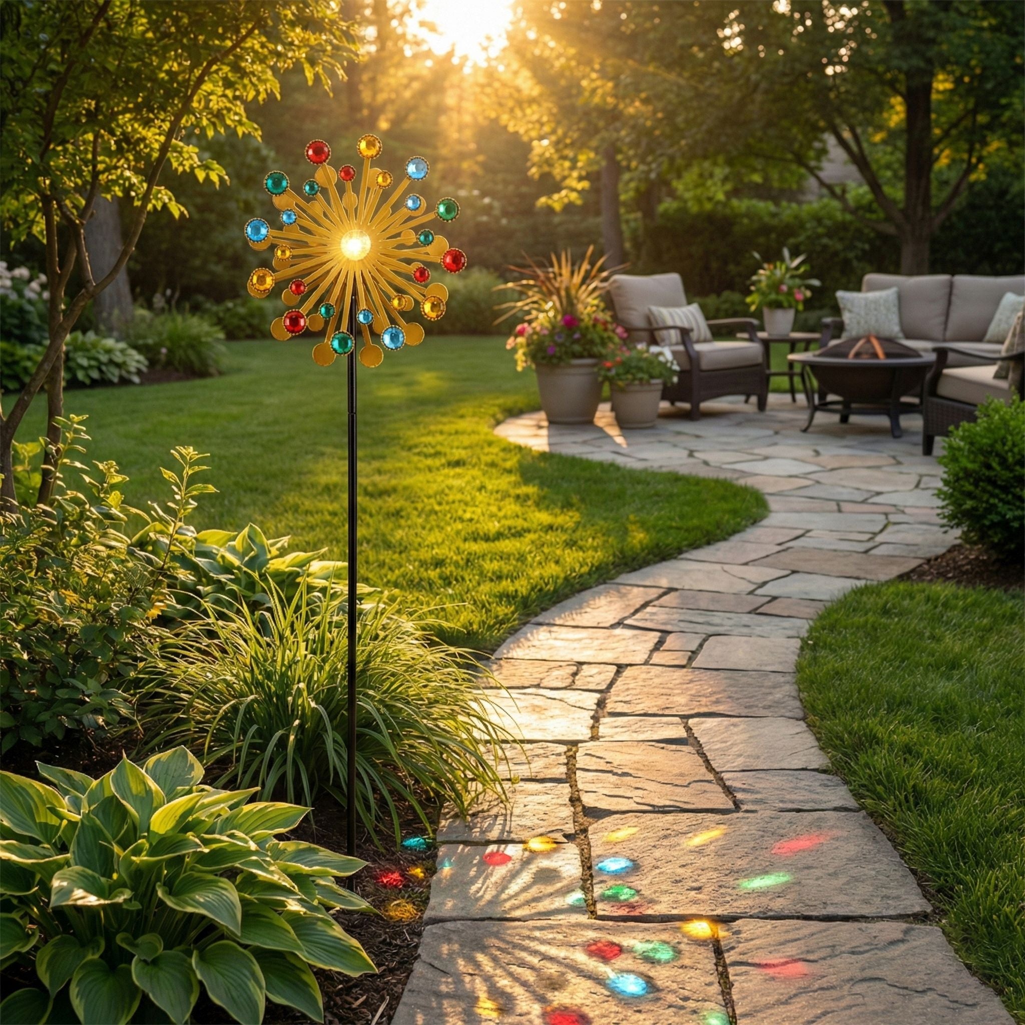 Solar Gartenstecker Windspiel mit LED Licht und Spinner, Eisen, 140 cm, Multicolor