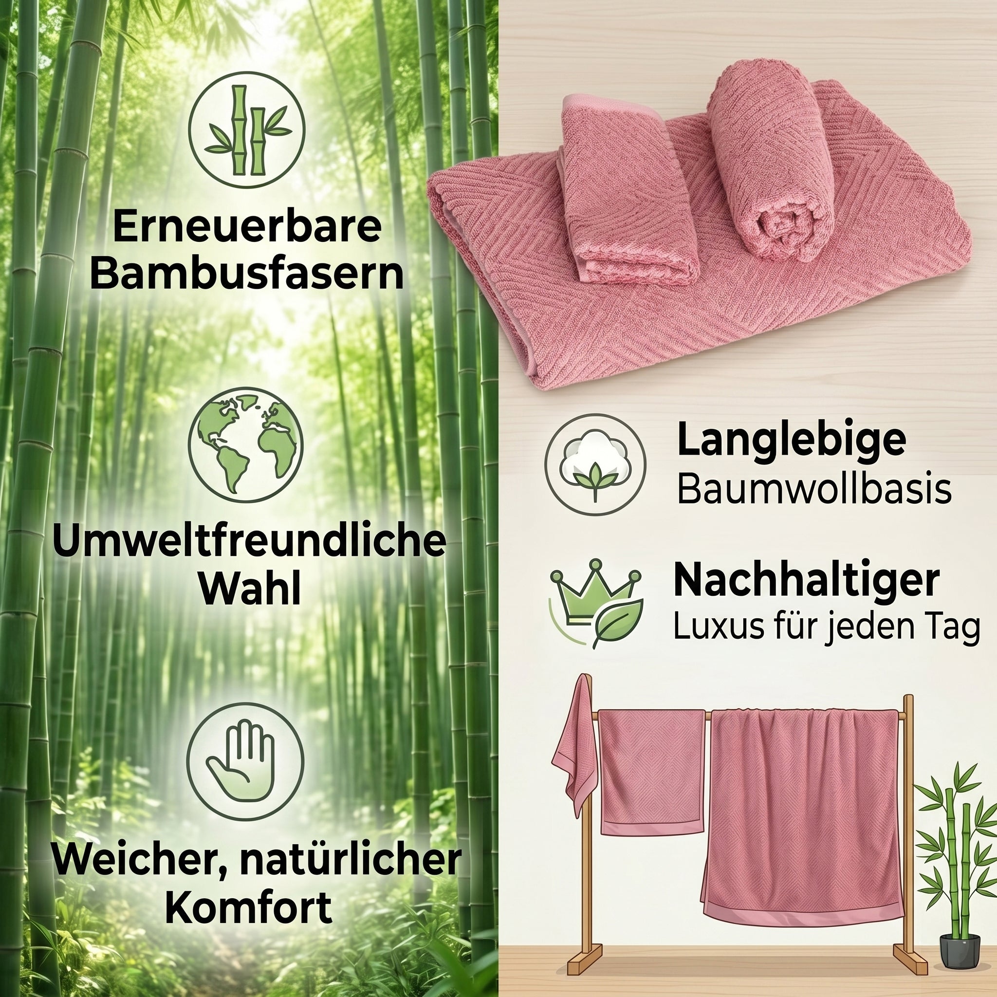 Set of 3 bamboo towel Material:Loop:100% bamboo Base fabric:100% cotton