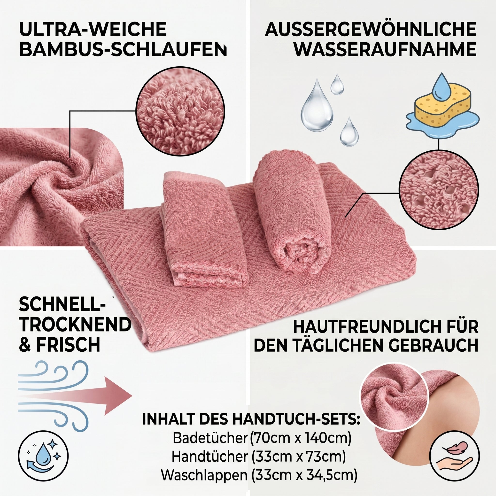 Set of 3 bamboo towel Material:Loop:100% bamboo Base fabric:100% cotton
