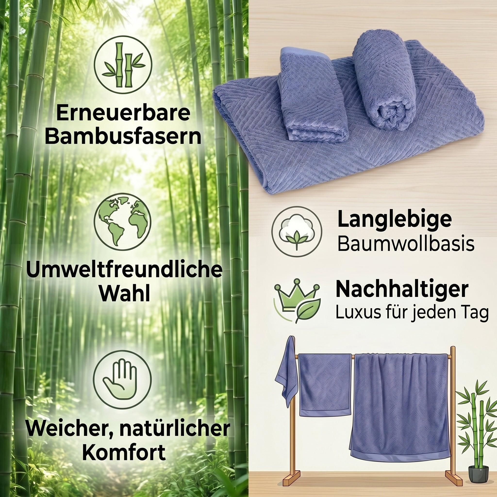 Set of 3 bamboo towel Material:Loop:100% bamboo Base fabric:100% cotton