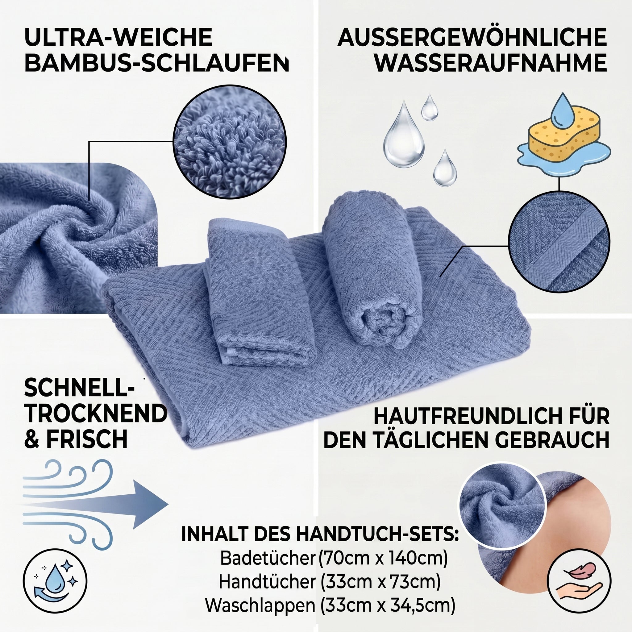 Set of 3 bamboo towel Material:Loop:100% bamboo Base fabric:100% cotton