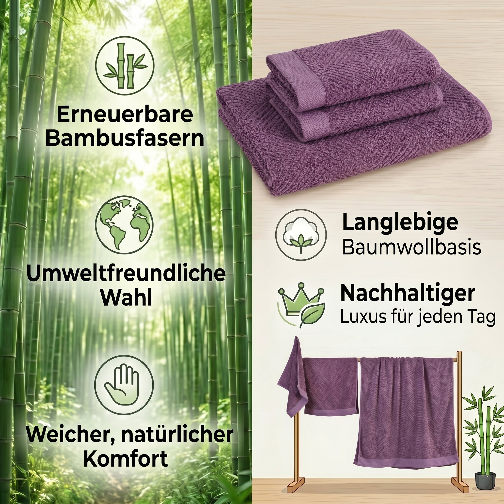 Set of 3 bamboo towel Material:Loop:100% bamboo Base fabric:100% cotton