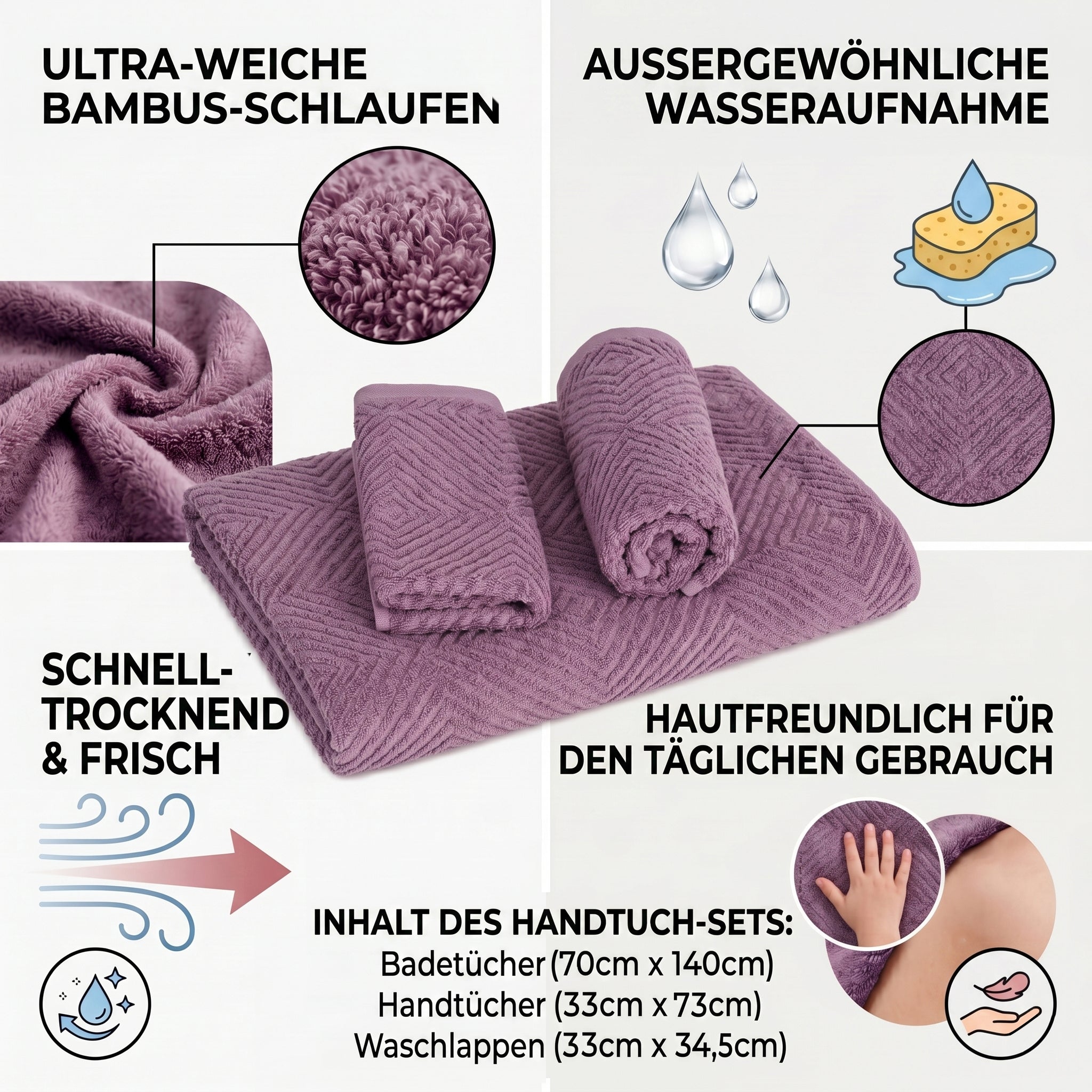 Set of 3 bamboo towel Material:Loop:100% bamboo Base fabric:100% cotton