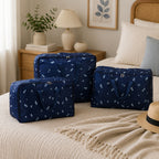 3er Set Aufbewahrungstaschen mit Blumenmuster, 210D Oxford Gewebe, Blau