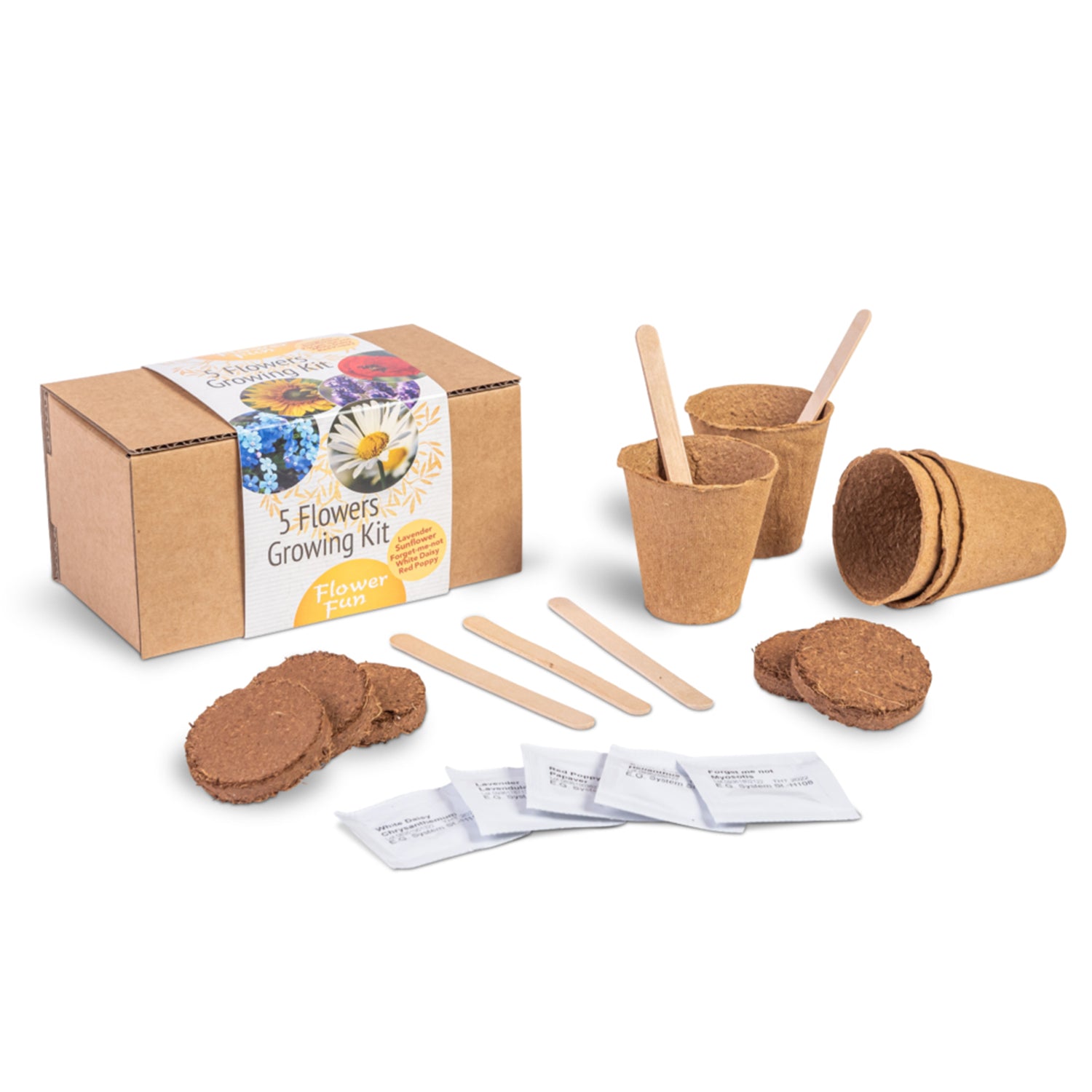 Blumen-Anzuchtset 5-teilig Lavendel Sonnenblume Vergissmeinnicht Klatschmohn Gänseblümchen mit Holzfaser-Töpfen Erde-Tabletten Saatgut und Pflanzenetiketten in Geschenkbox