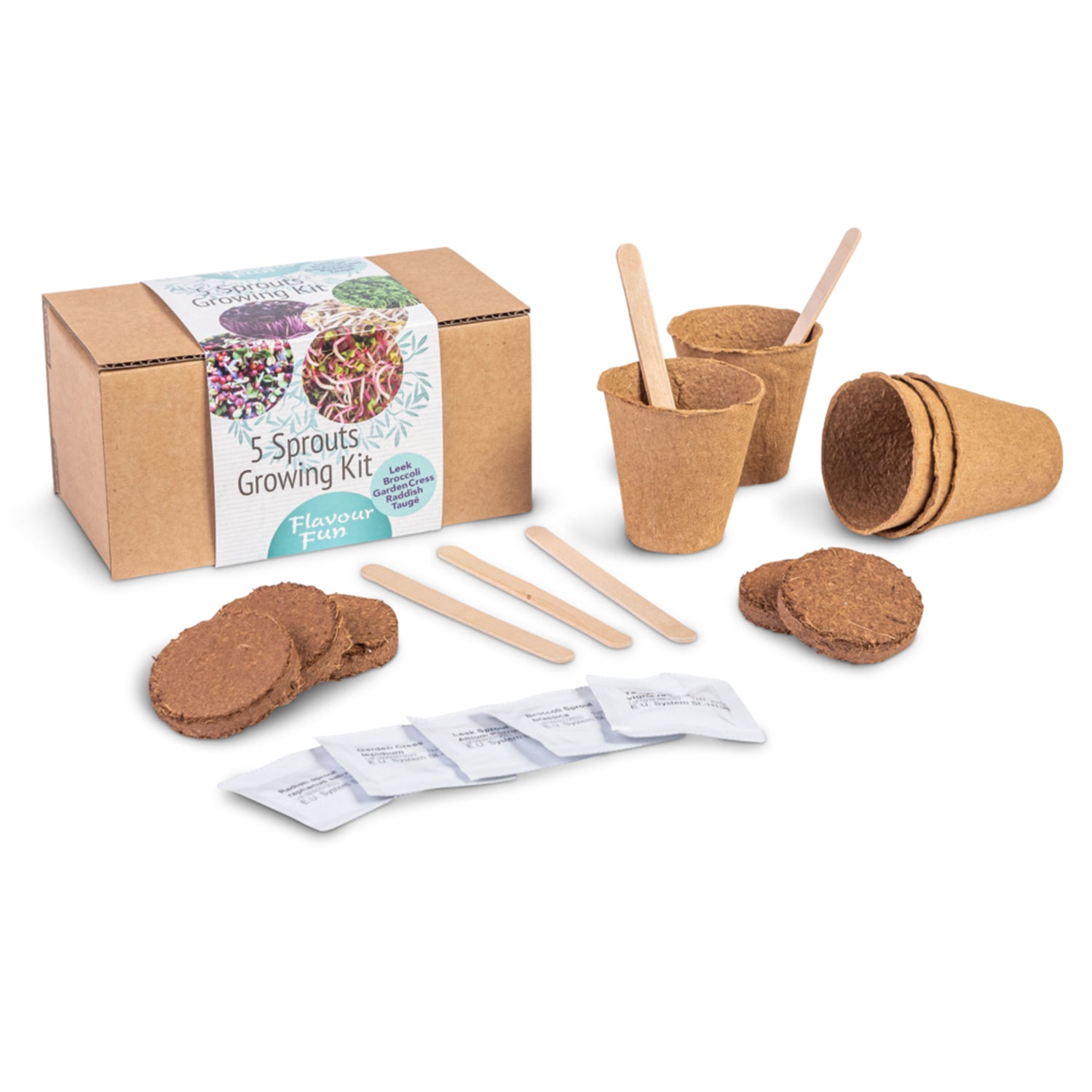 Sprossen-Anzuchtset 5-teilig Lauch Brokkoli Gartenkresse Radieschen Mungbohnen mit Holzfaser-Töpfen Erde-Tabletten Saatgut und Pflanzenetiketten in Geschenkbox