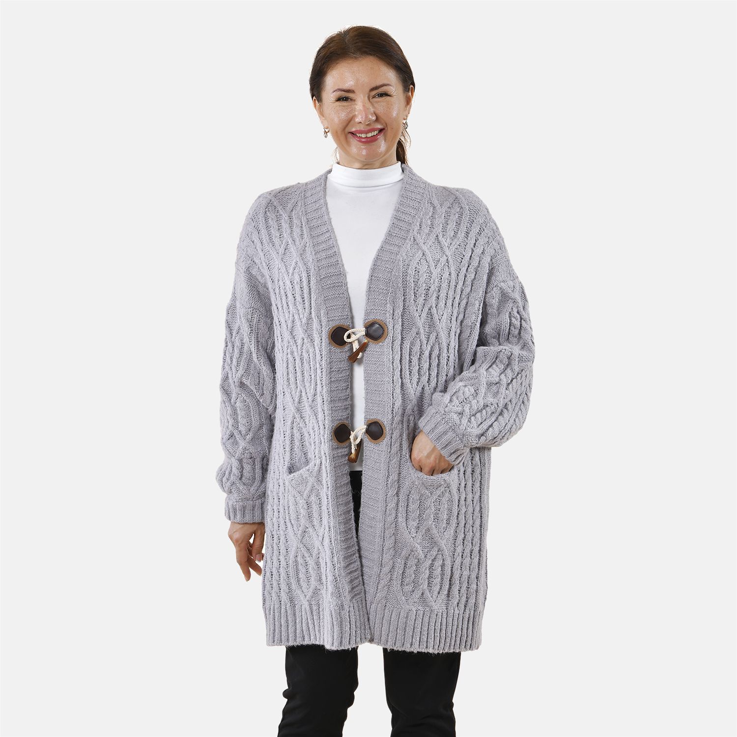 Lange Strickjacke mit Schlaufe, 87x44x60cm, grau