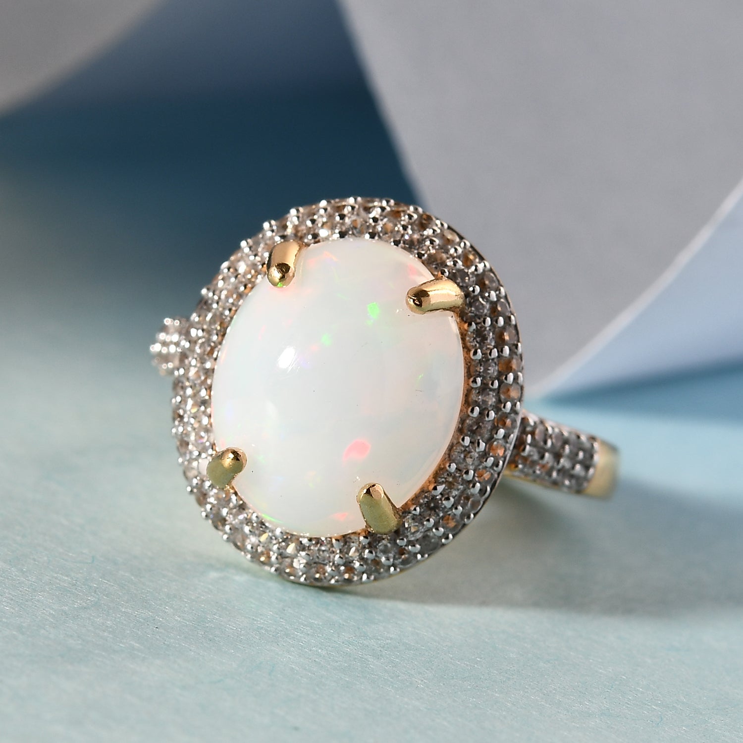Natürlicher, äthiopischer Opal und Zirkon-Ring, 925 Silber Gelbgold Vermeil ca. 4.08 ct