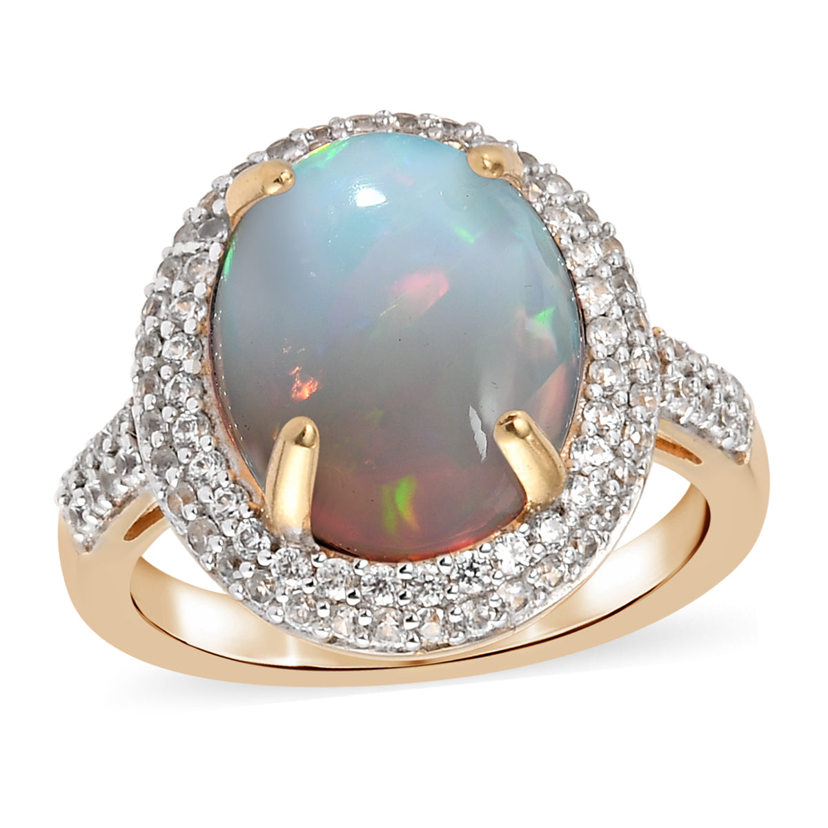 Natürlicher, äthiopischer Opal und Zirkon-Ring, 925 Silber Gelbgold Vermeil ca. 4.08 ct